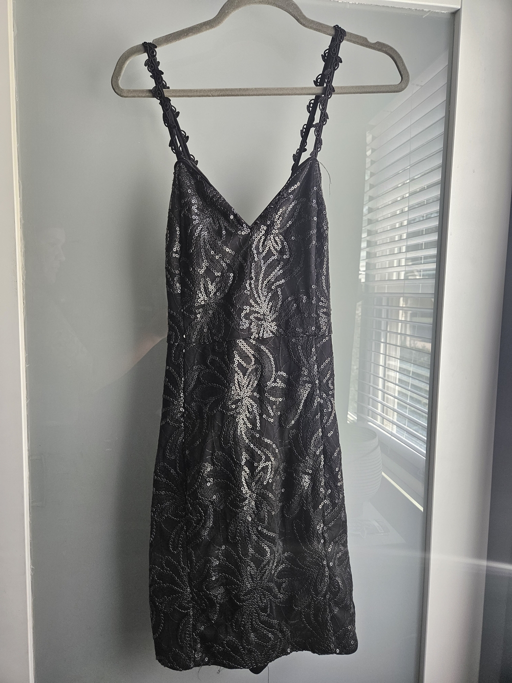 Black Sequin Dress with Floral Laced Straps